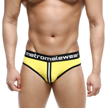 Bright yellow metroMaleWear Apolo jock strap 5001-15 with black trim white stripe and logo waistband