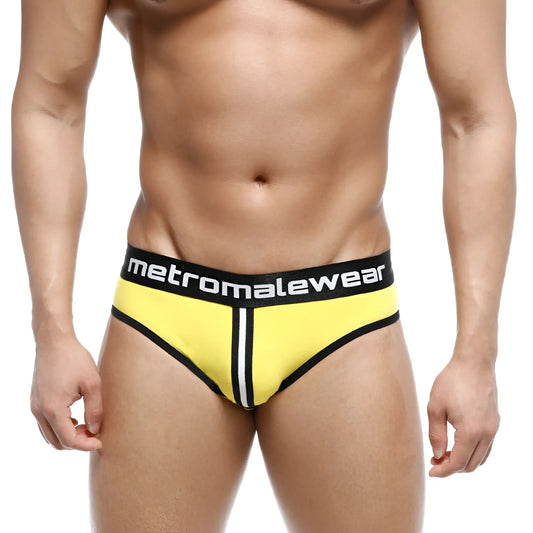 Bright yellow metroMaleWear Apolo jock strap 5001-15 with black trim white stripe and logo waistband