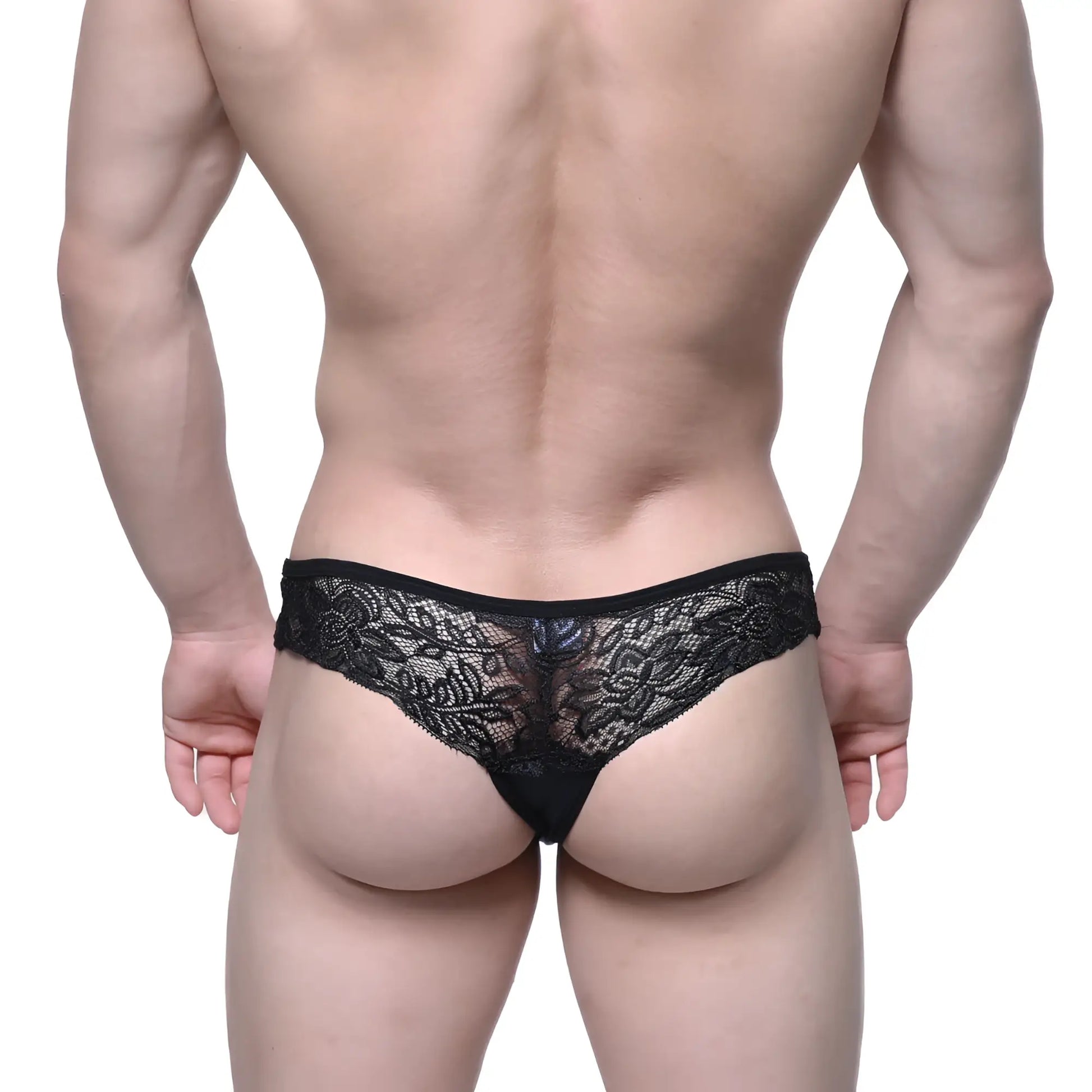 Metro male wear aragon thong black 1152-20 black lace thong with intricate floral patterns and sheer delicate design