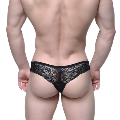 Metro male wear aragon thong black 1152-20 black lace thong with intricate floral patterns and sheer delicate design