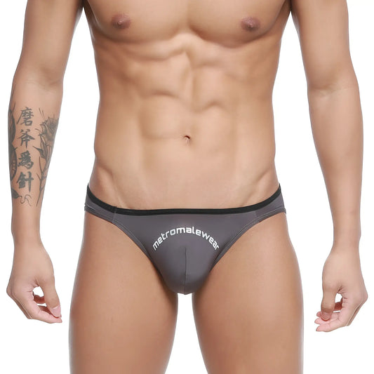 Gray metro malewear arc bikini briefs with black trim and white branding comfortable charcoal fabric