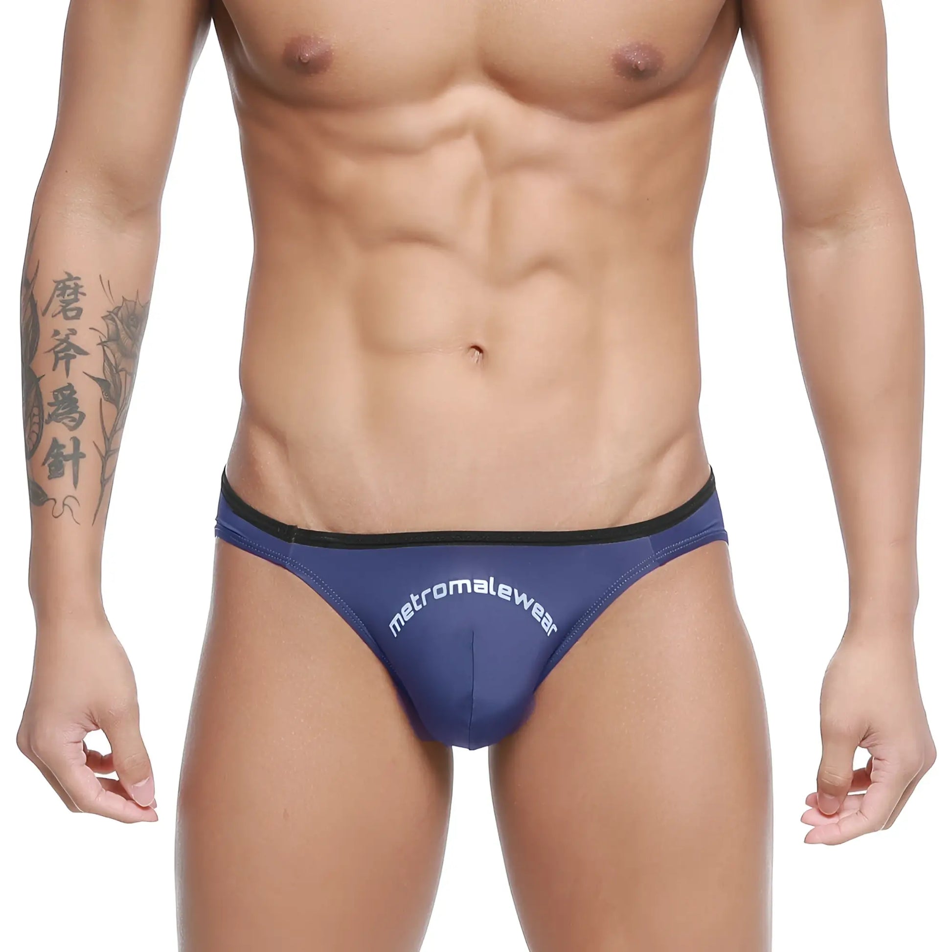 Navy blue MetroMaleWear Arc bikini briefs with black trim and white logo designed for comfortable daily wear