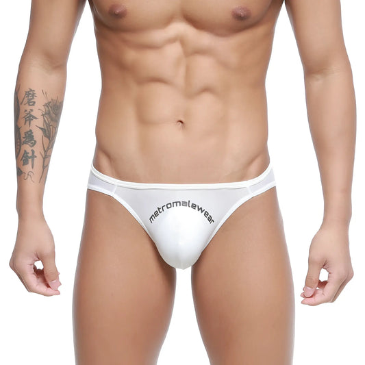 White MetroMaleWear Arc bikini thong with black branding on front made from soft stretch fabric