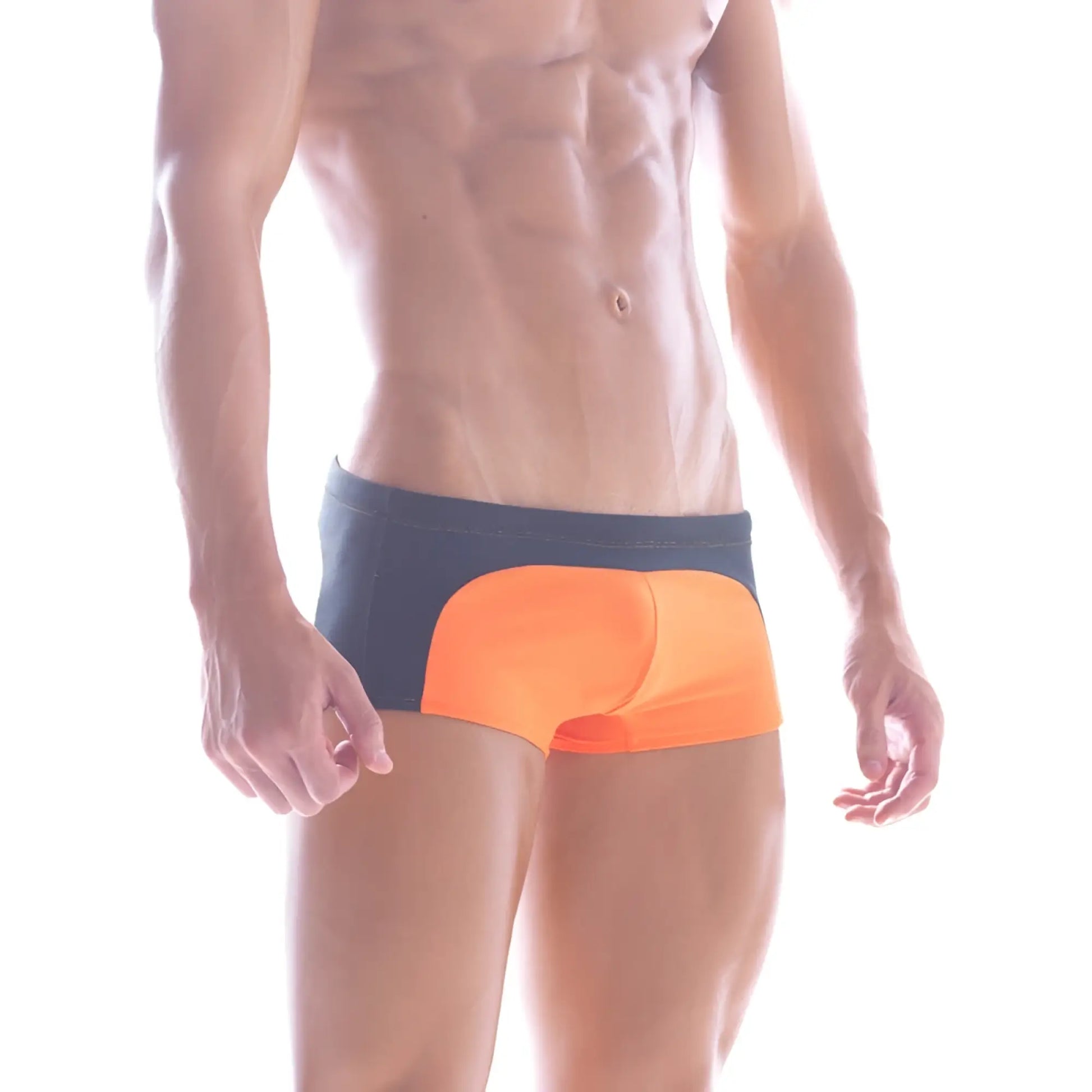 MetroMaleWear Arc swim boxer orange 4925-14 in bright orange and navy blue with a modern two-tone design