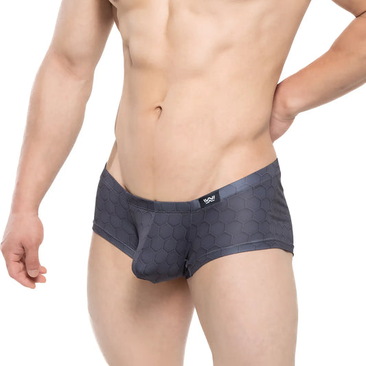 Dark gray hexagonal patterned mens briefs with branded waistband label metro malewear armour trunk 2125 43