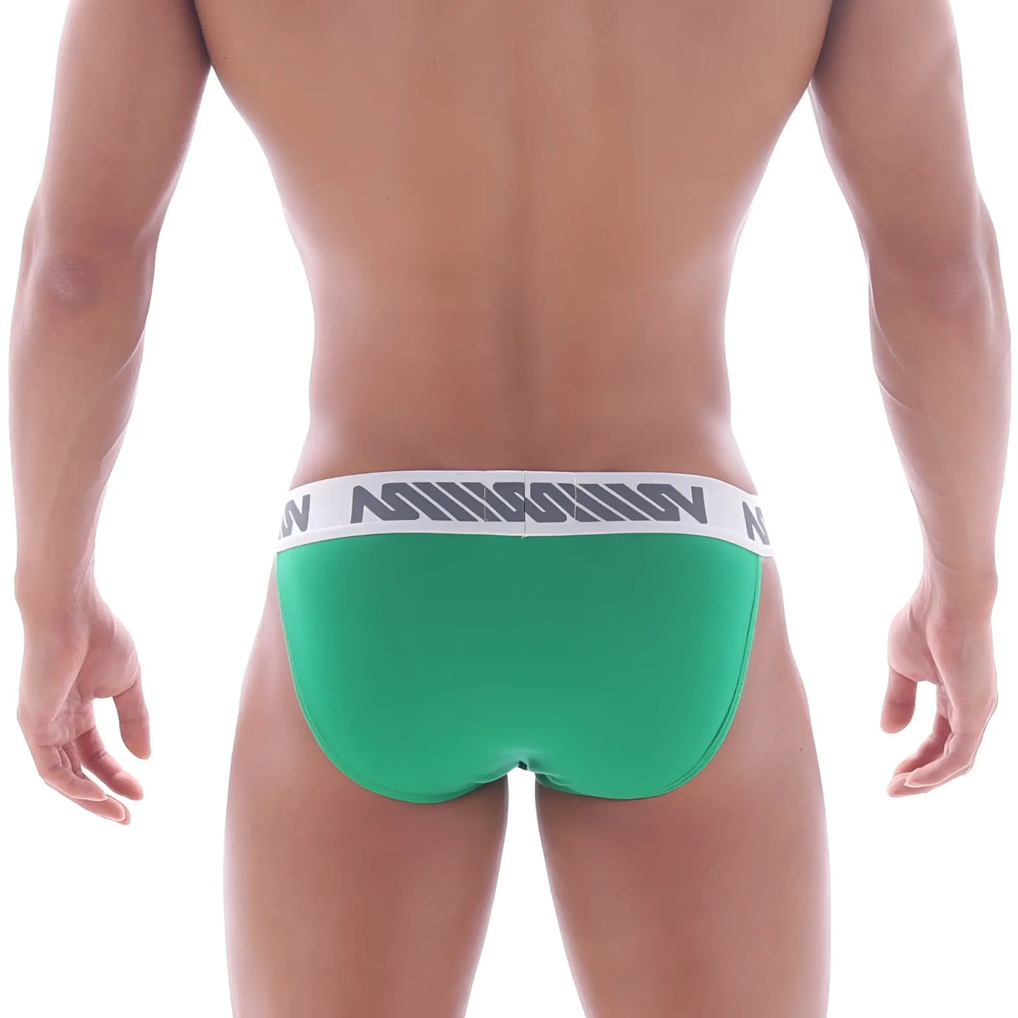 Green mens briefs metro male wear asian bikini with white elastic waistband and gray logo in amazon green color