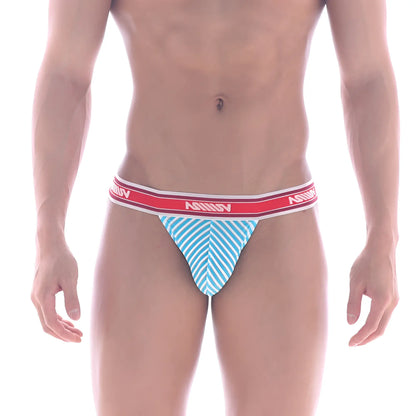Light blue and white striped mens briefs with a red aquav waistband from MetroMaleWear Asian Bikini Arco 3004-49