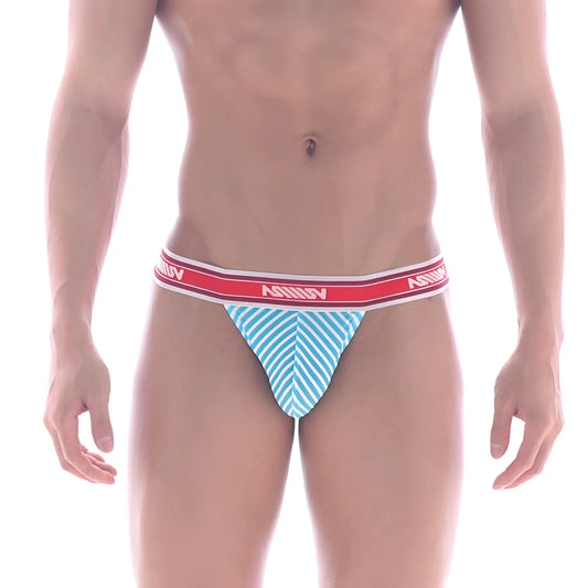 Light blue and white striped mens briefs with a red aquav waistband from MetroMaleWear Asian Bikini Arco 3004-49