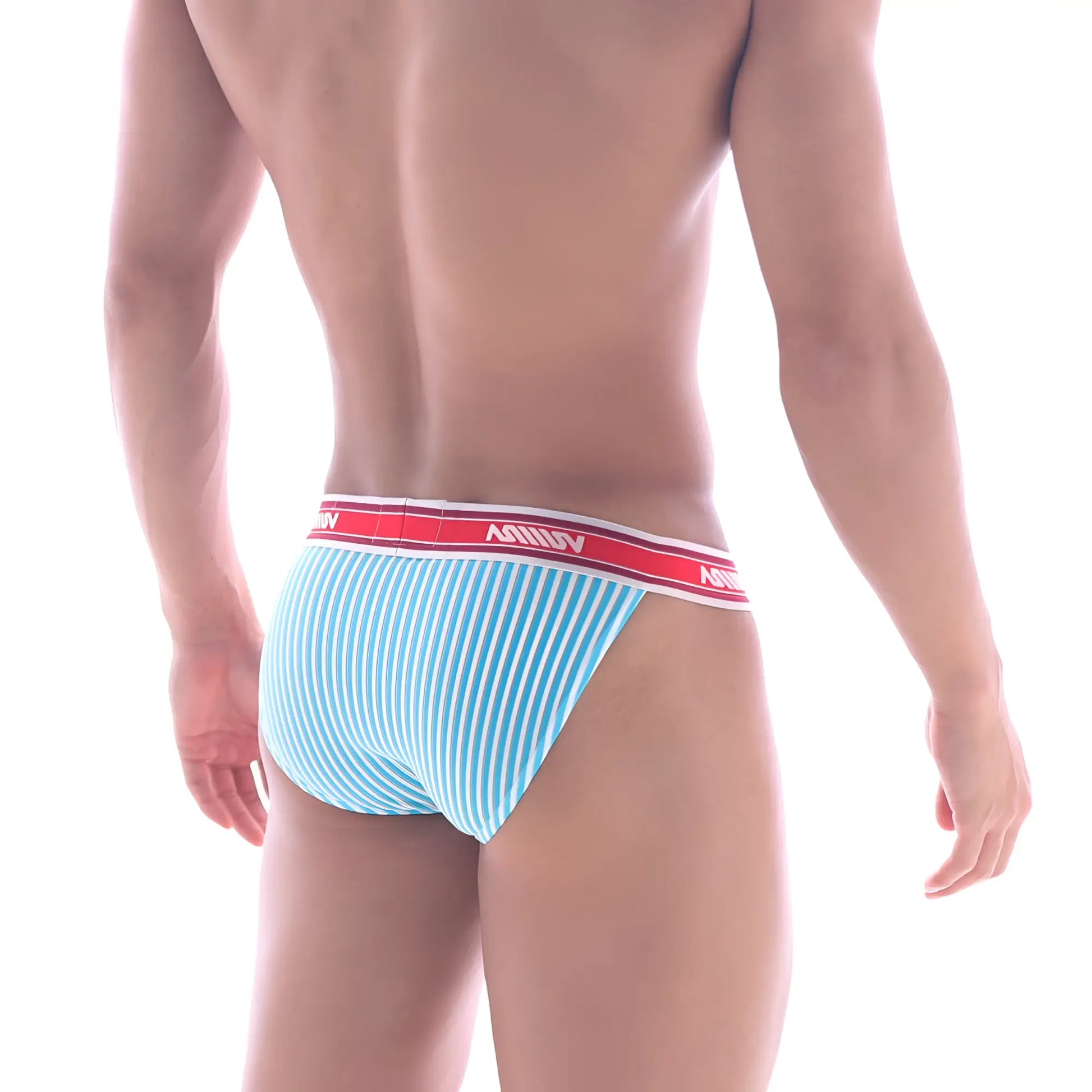 Light blue and white striped men’s briefs with red waistband featuring metro male wear brand name arco 3004-49