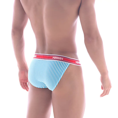 Light blue and white striped men’s briefs with red waistband featuring metro male wear brand name arco 3004-49