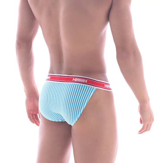 Light blue and white striped men’s briefs with red waistband featuring metro male wear brand name arco 3004-49