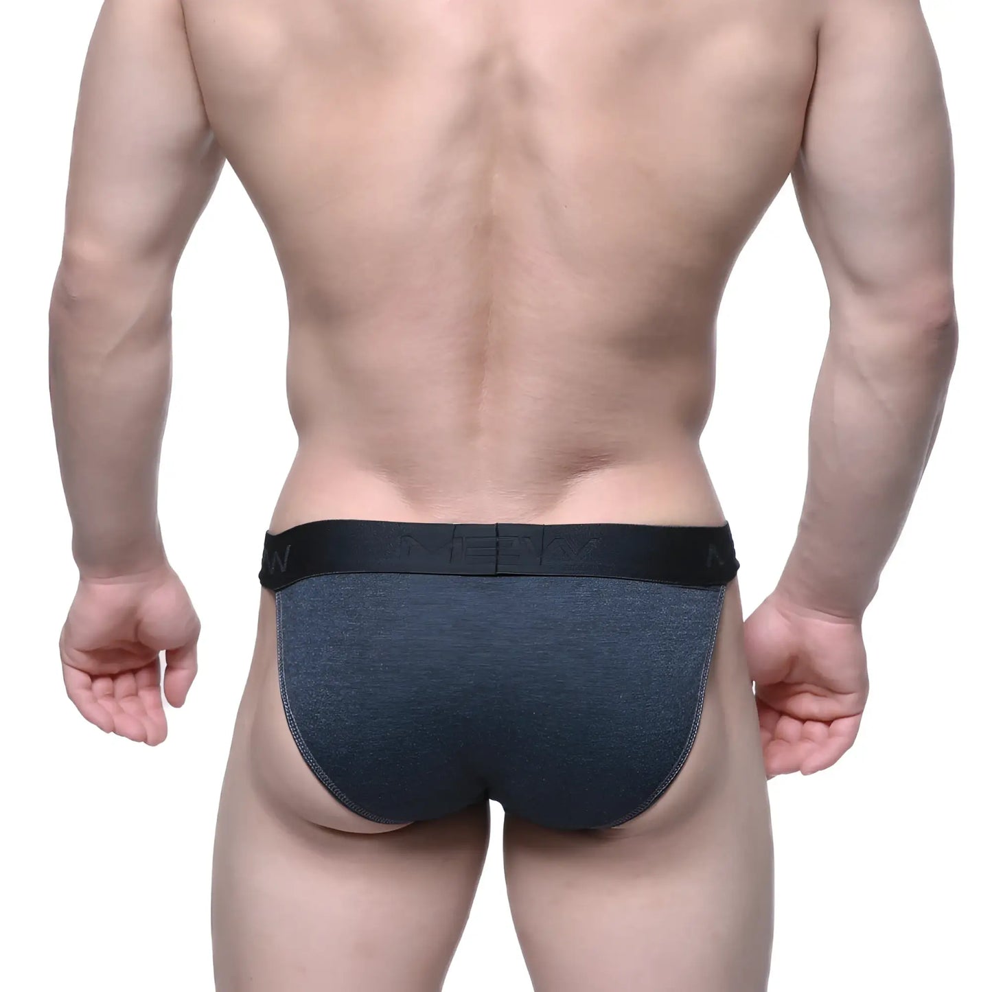 Dark gray heathered MetroMaleWear Asian bikini briefs with black elastic waistband and white men branding charcoal 3004-11