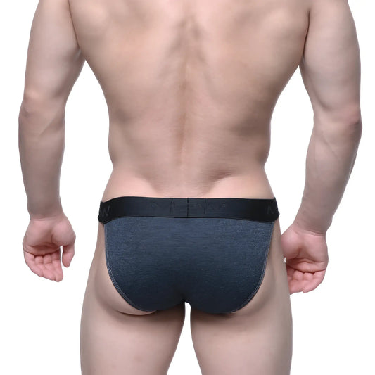 Dark gray heathered MetroMaleWear Asian bikini briefs with black elastic waistband and white men branding charcoal 3004-11