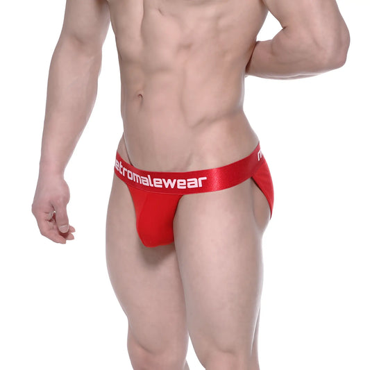 Red men’s briefs with a satin-like waistband branded metromalewear in crimson metro malewear asian bikini 3004-13