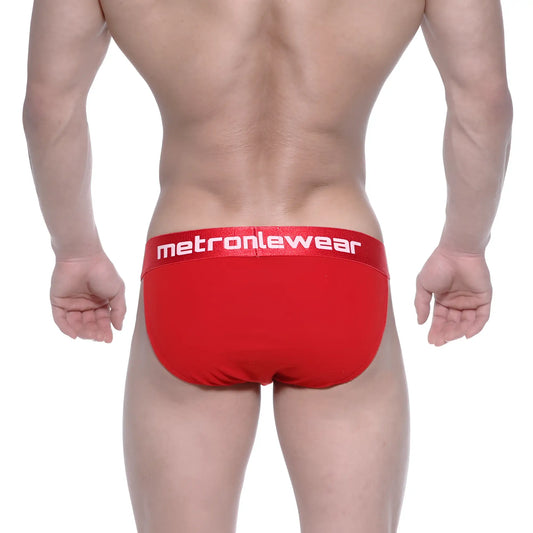 Red metromalewear asian bikini briefs in crimson with a white logo waistband for stylish comfort