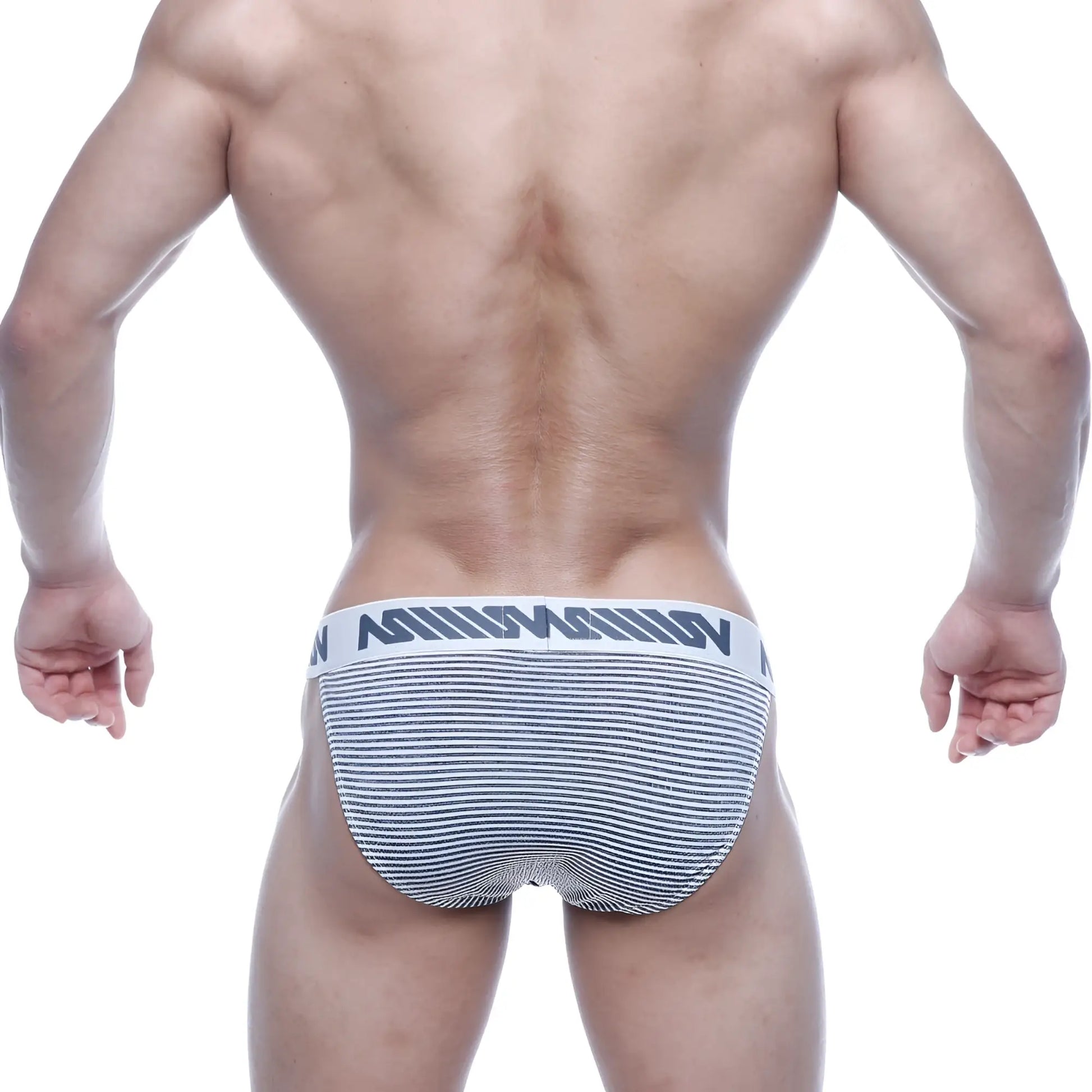 Gray and white striped men’s briefs with bold black logo waistband from metromalewear asian bikini gray stripe 3004-46