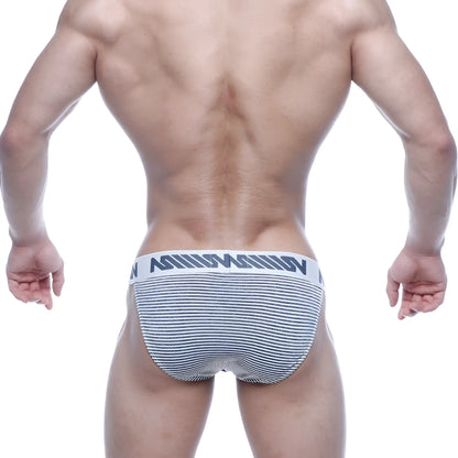 Gray and white striped men’s briefs with bold black logo waistband from metromalewear asian bikini gray stripe 3004-46
