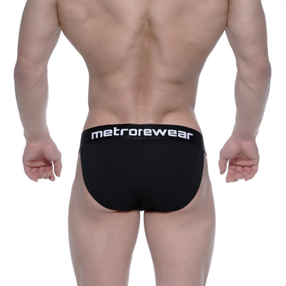 Black men’s briefs with a white metrowear logo on the waistband from metromalewear asian bikini intense 3004-21