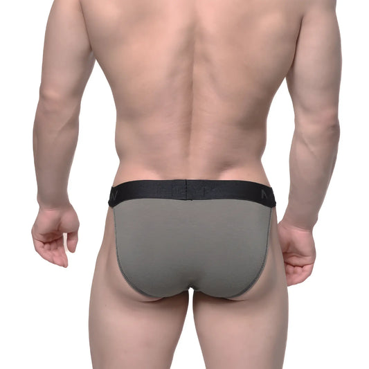 Gray athletic briefs with black elastic waistband and metroMaleWear logo designed as asian bikini khaki model 3004-26