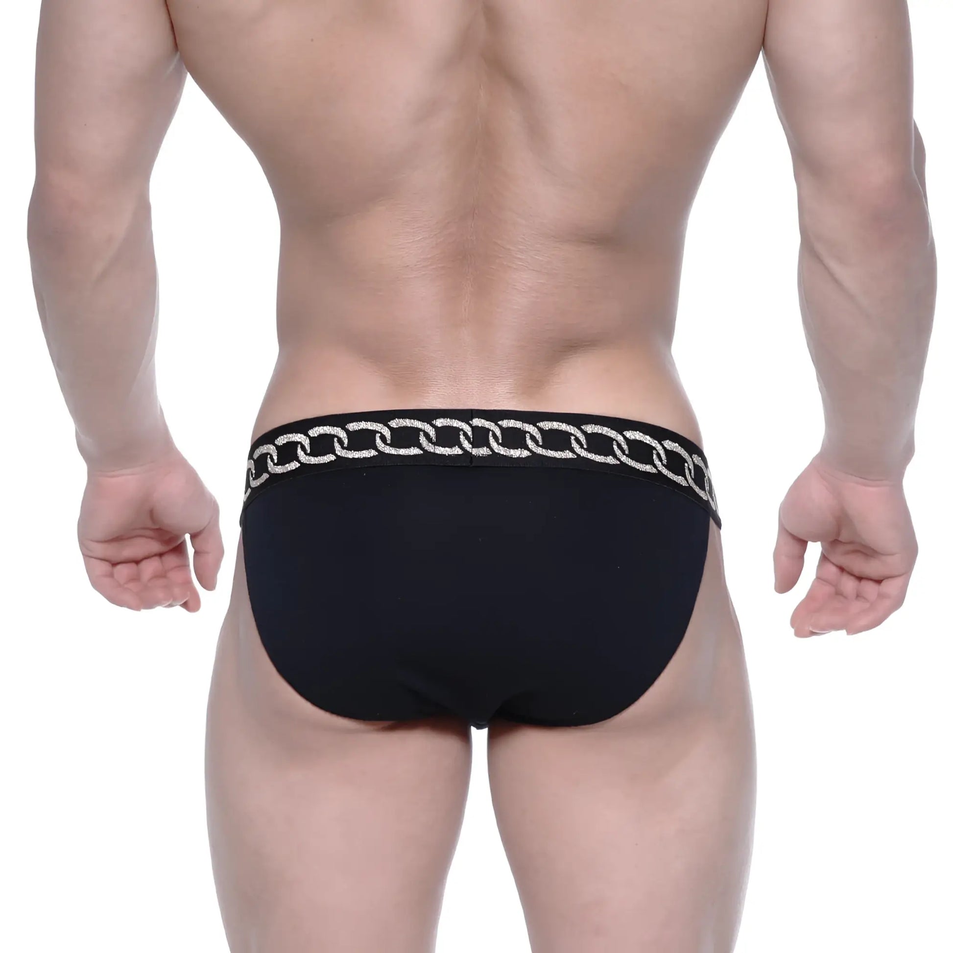 Black briefs with a silver chain-link waistband from metromalewear asian bikini metal black 3004-m20 collection