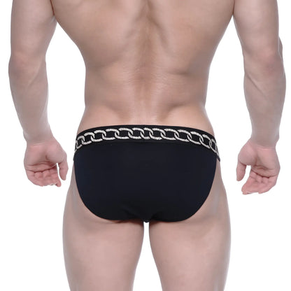 Black briefs with a silver chain-link waistband from metromalewear asian bikini metal black 3004-m20 collection