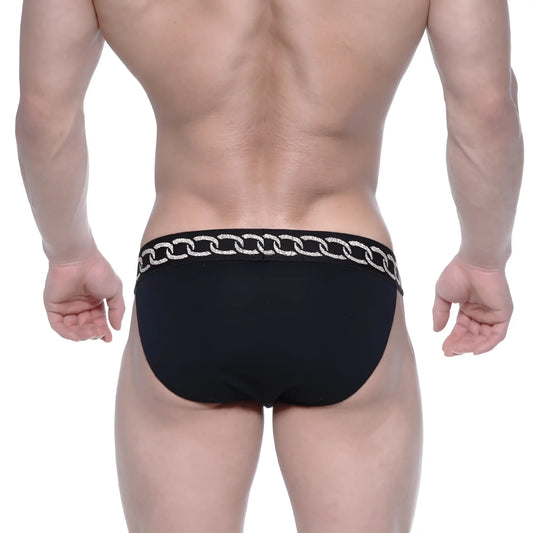 Black briefs with a silver chain-link waistband from metromalewear asian bikini metal black 3004-m20 collection
