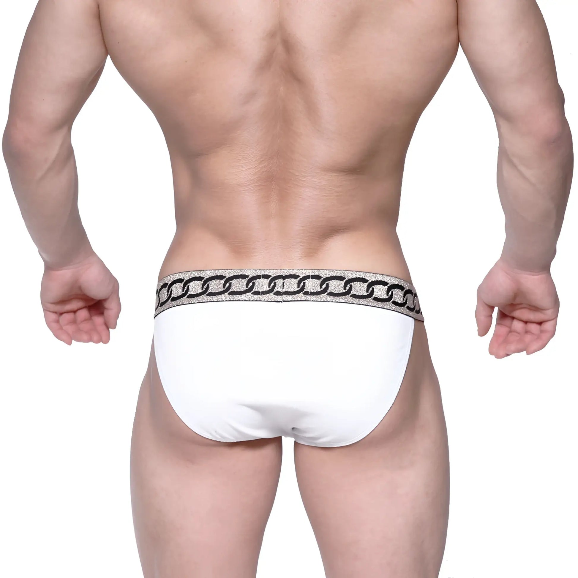 White briefs with a glittery silver chain-link waistband from metromalewear asian bikini metal white 3004-m00 collection