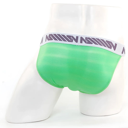 Bright green ribbed mesh asian bikini briefs with white waistband and purple nation lettering by metromalewear