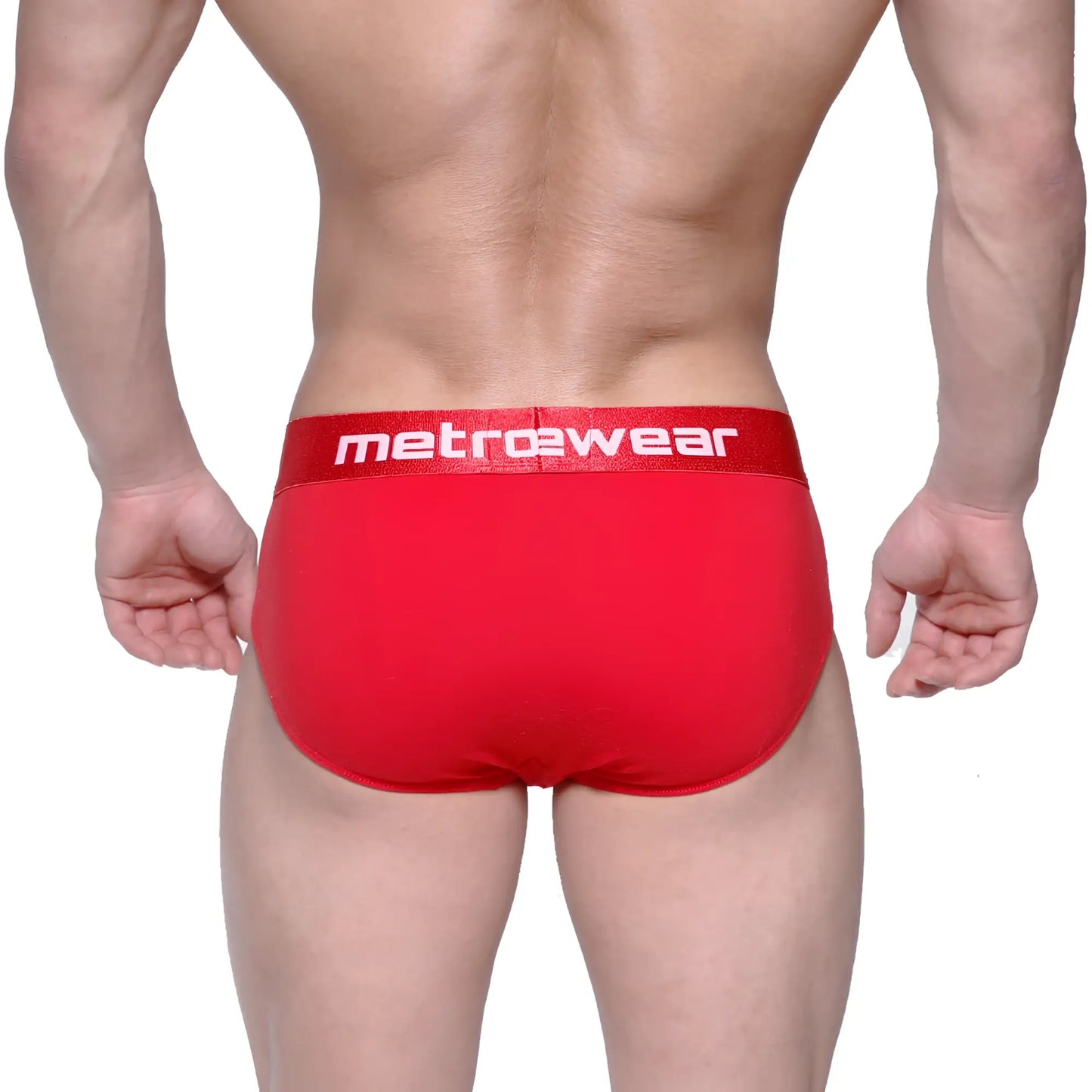 Red metrowear briefs featuring a white logo waistband designed for comfort and style in crimson finish