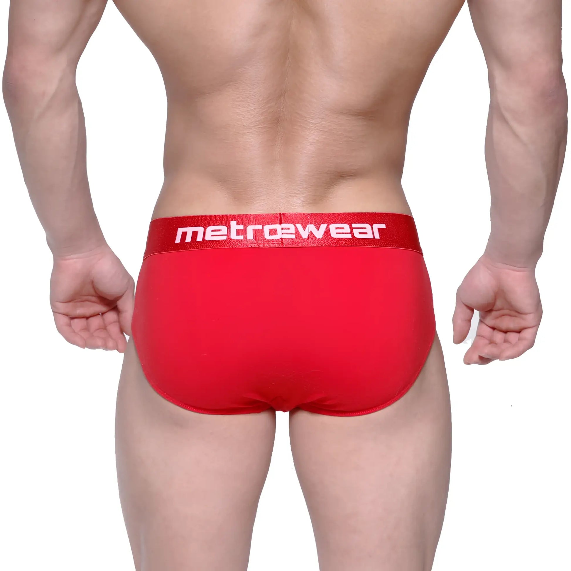 Red metrowear briefs featuring a white logo waistband designed for comfort and style in crimson finish