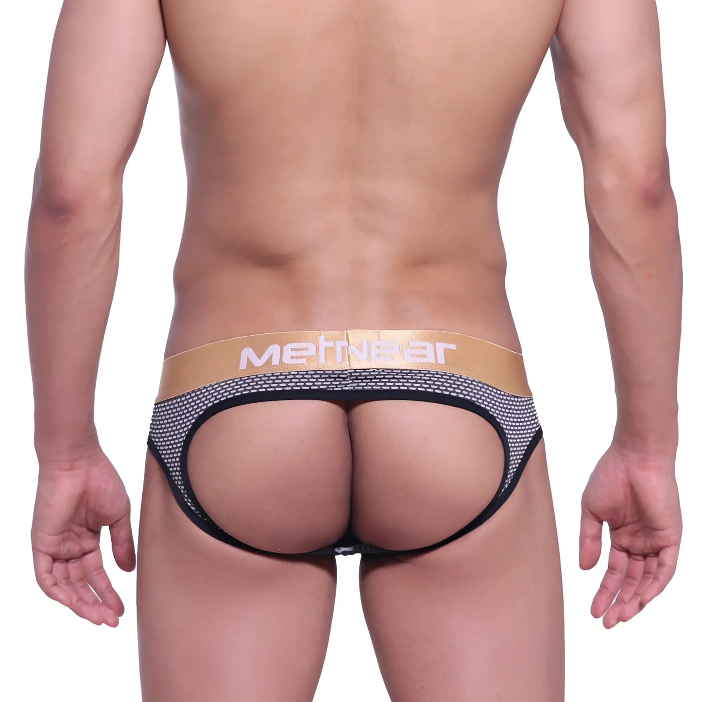 Black and gold mesh briefs with metnear logo on waistband metro male wear asian jock honeycomb coffee 5001 83
