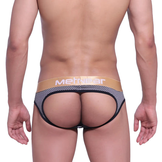 Black and gold mesh briefs with metnear logo on waistband metro male wear asian jock honeycomb coffee 5001 83