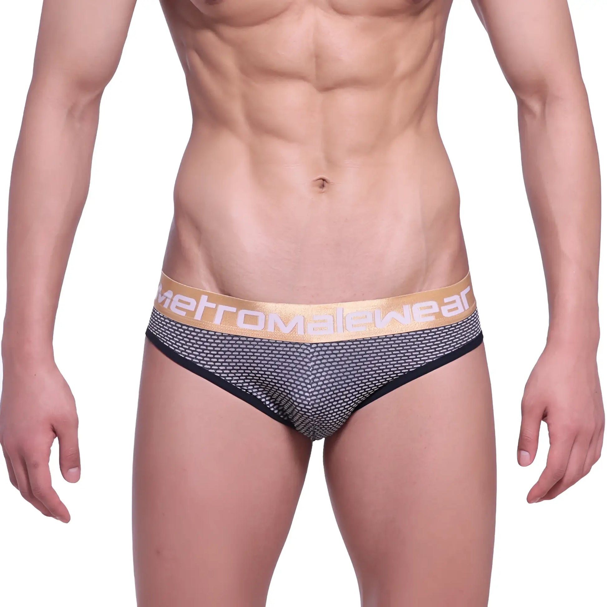 Black and gold patterned men’s briefs with branded waistband metroMalewear asian jock honeycomb coffee 5001-83
