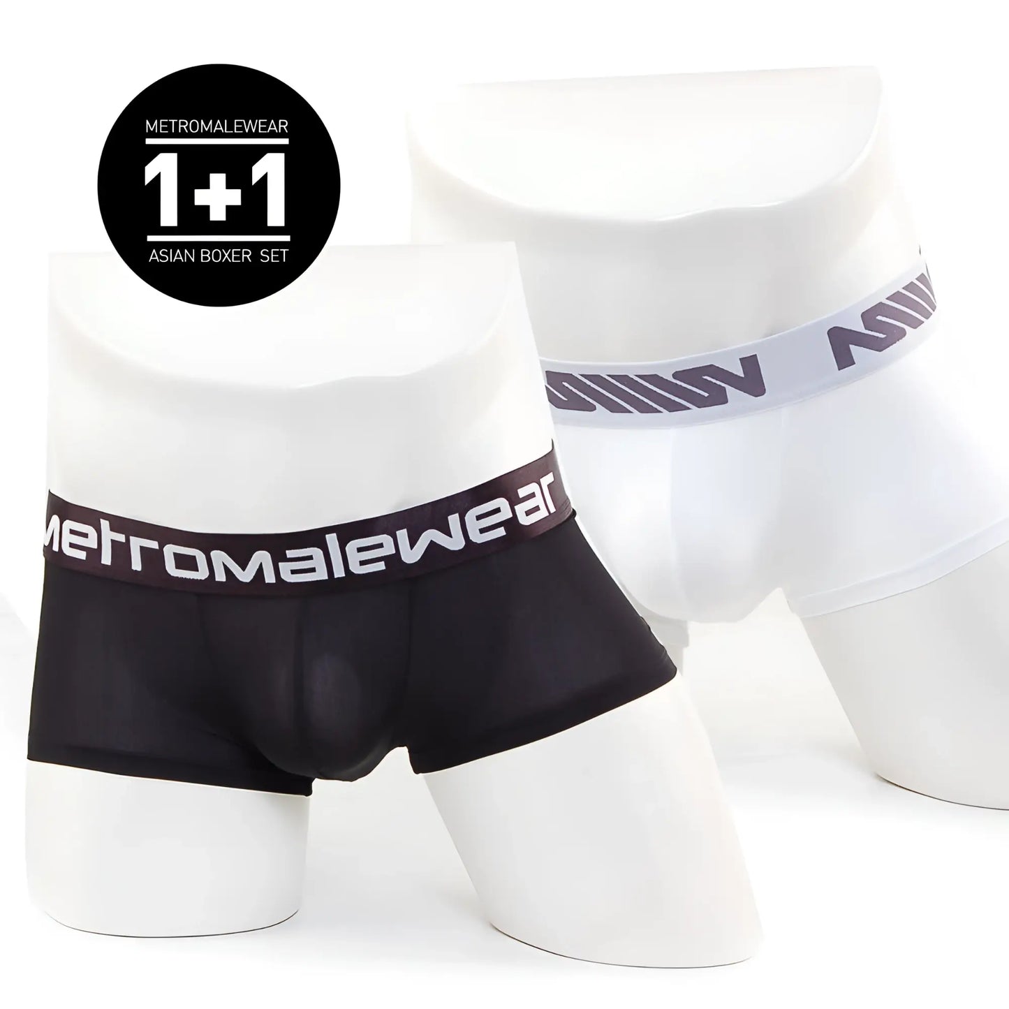 Black and white metromalewear asian short boxer set displayed on mannequins showcasing comfortable cotton fabric