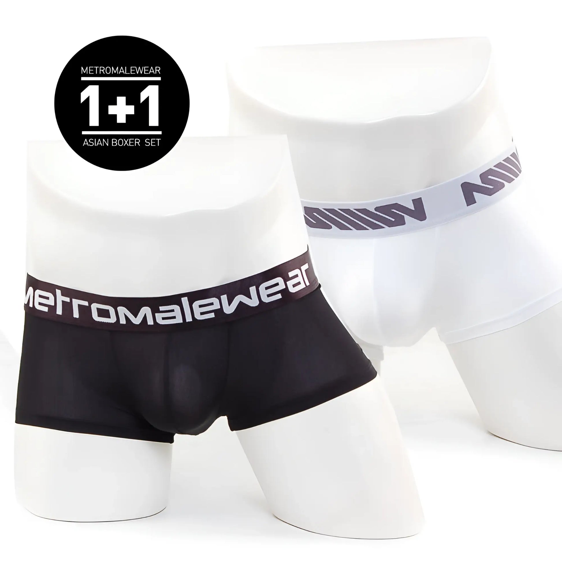 Black and white metromalewear asian short boxer set displayed on mannequins showcasing comfortable cotton fabric