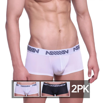 White men’s briefs with a gray logo band featuring metromalewear branding in the metro male wear asian short boxer 2pk 2026-2pk