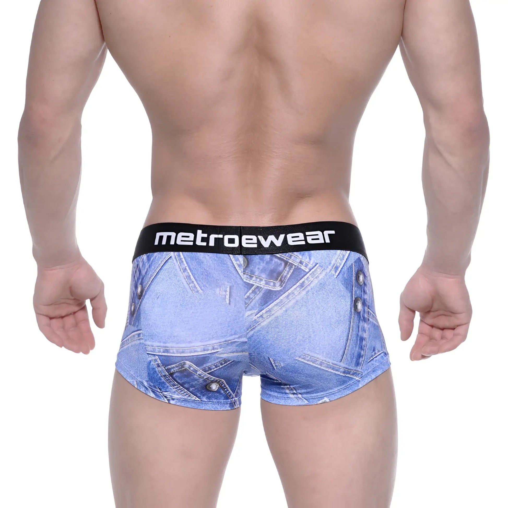 Blue denim-patterned men’s briefs with black metroewear waistband from MetroMaleWear Asian Short Boxer 2026-56