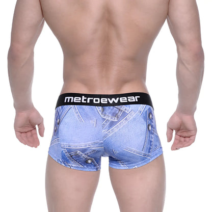 Blue denim-patterned men’s briefs with black metroewear waistband from MetroMaleWear Asian Short Boxer 2026-56