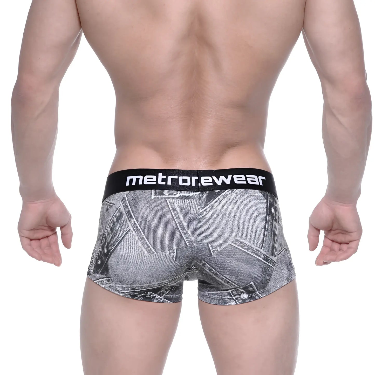 Black and gray denim-patterned boxer briefs with black metrorewear waistband metro malewear asian short boxer denim gray 2026-55
