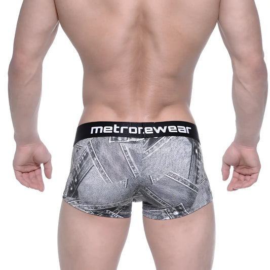 Black and gray denim-patterned boxer briefs with black metrorewear waistband metro malewear asian short boxer denim gray 2026-55