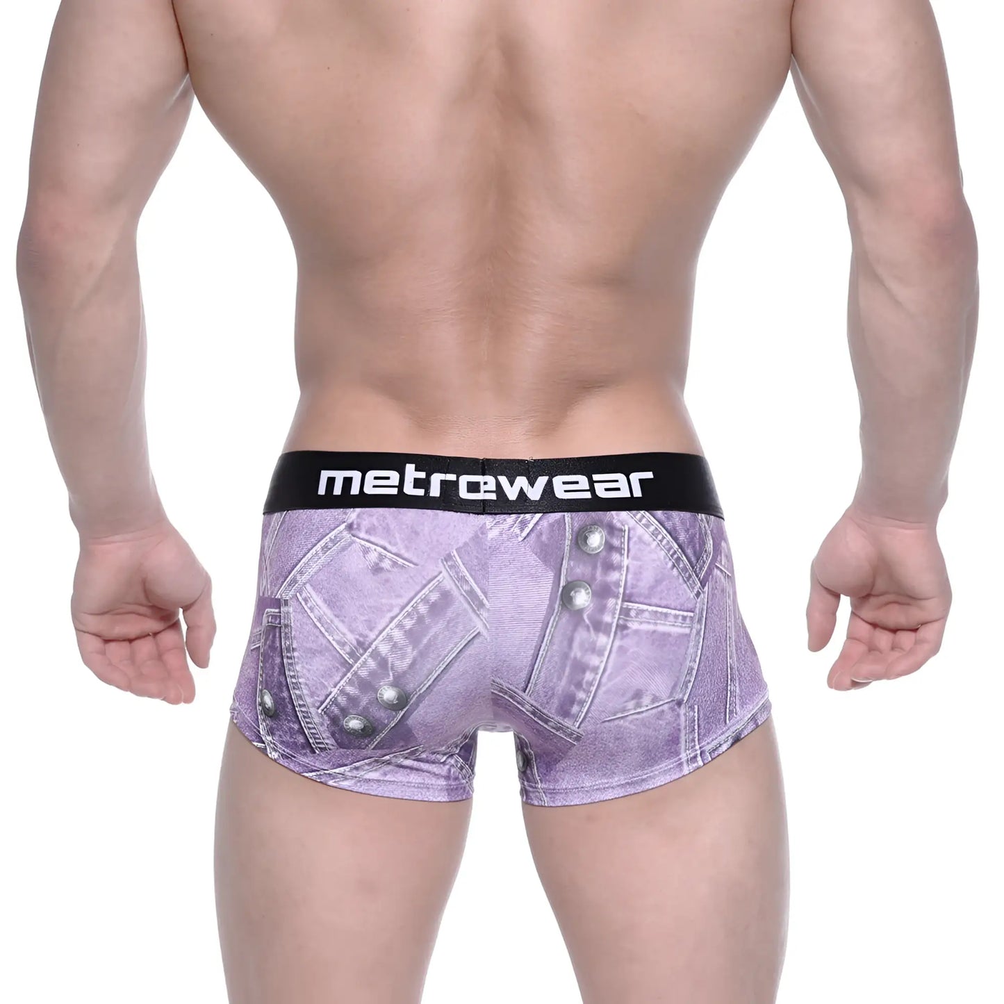 Purple denim-patterned metro male wear boxer briefs with black waistband featuring metrewear brand name