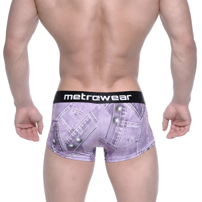 Purple denim-patterned metro male wear boxer briefs with black waistband featuring metrewear brand name