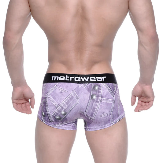 Purple denim-patterned metro male wear boxer briefs with black waistband featuring metrewear brand name