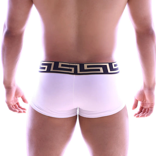 White briefs with black and gold greek key patterned waistband from metromalewear asian short boxer 2026-00