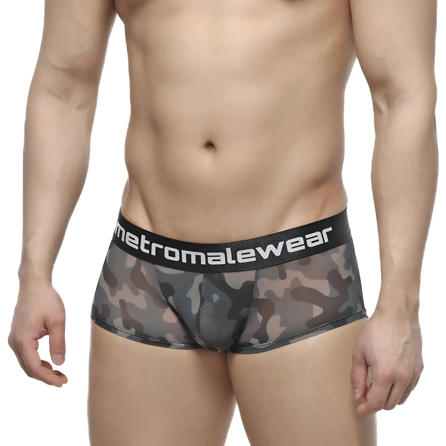 MetroMaleWear Asian Trunk Camo 2026-93 black and gray camouflage mesh briefs with black waistband and logo