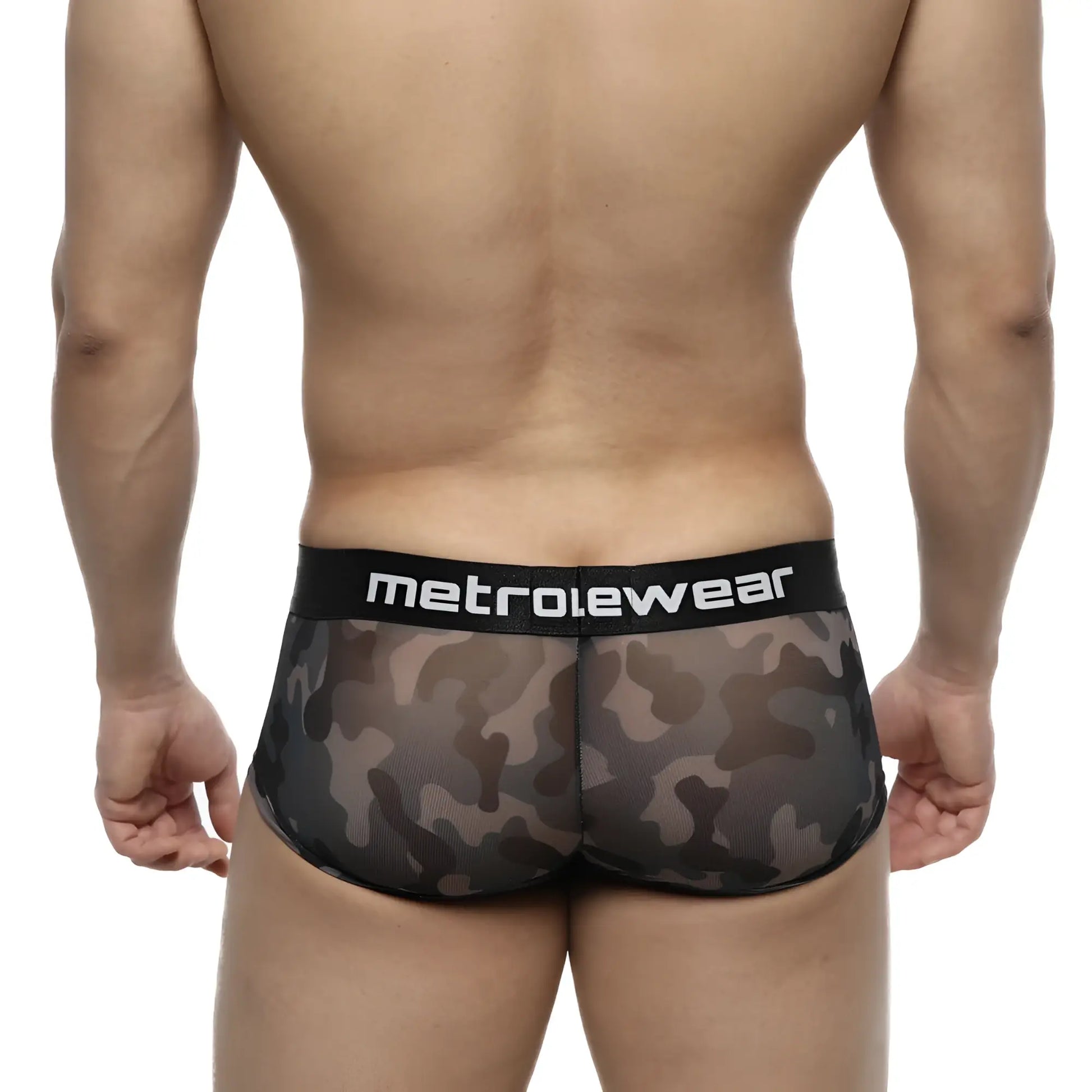 Black and gray camouflage mesh briefs with black waistband and metrowear logo metro malewear asian trunk camo 2026-93