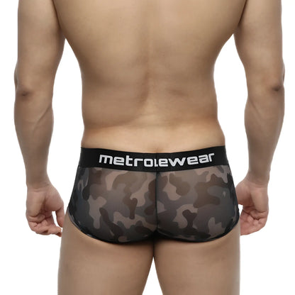 Black and gray camouflage mesh briefs with black waistband and metrowear logo metro malewear asian trunk camo 2026-93
