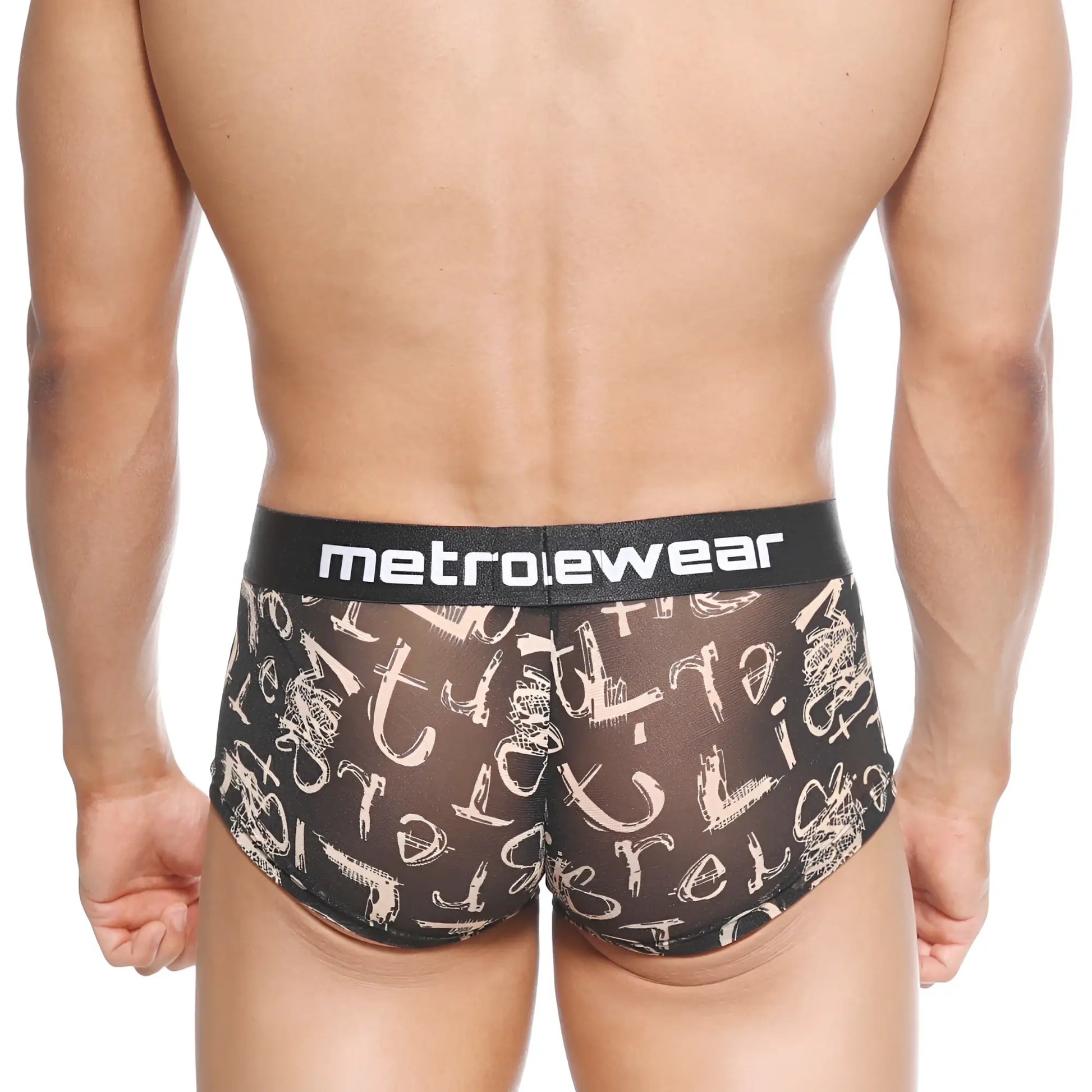 Black mesh briefs with white graffiti lettering and a black metroewear logo waistband titled metroMalewear asian trunk oraculo 2026-03