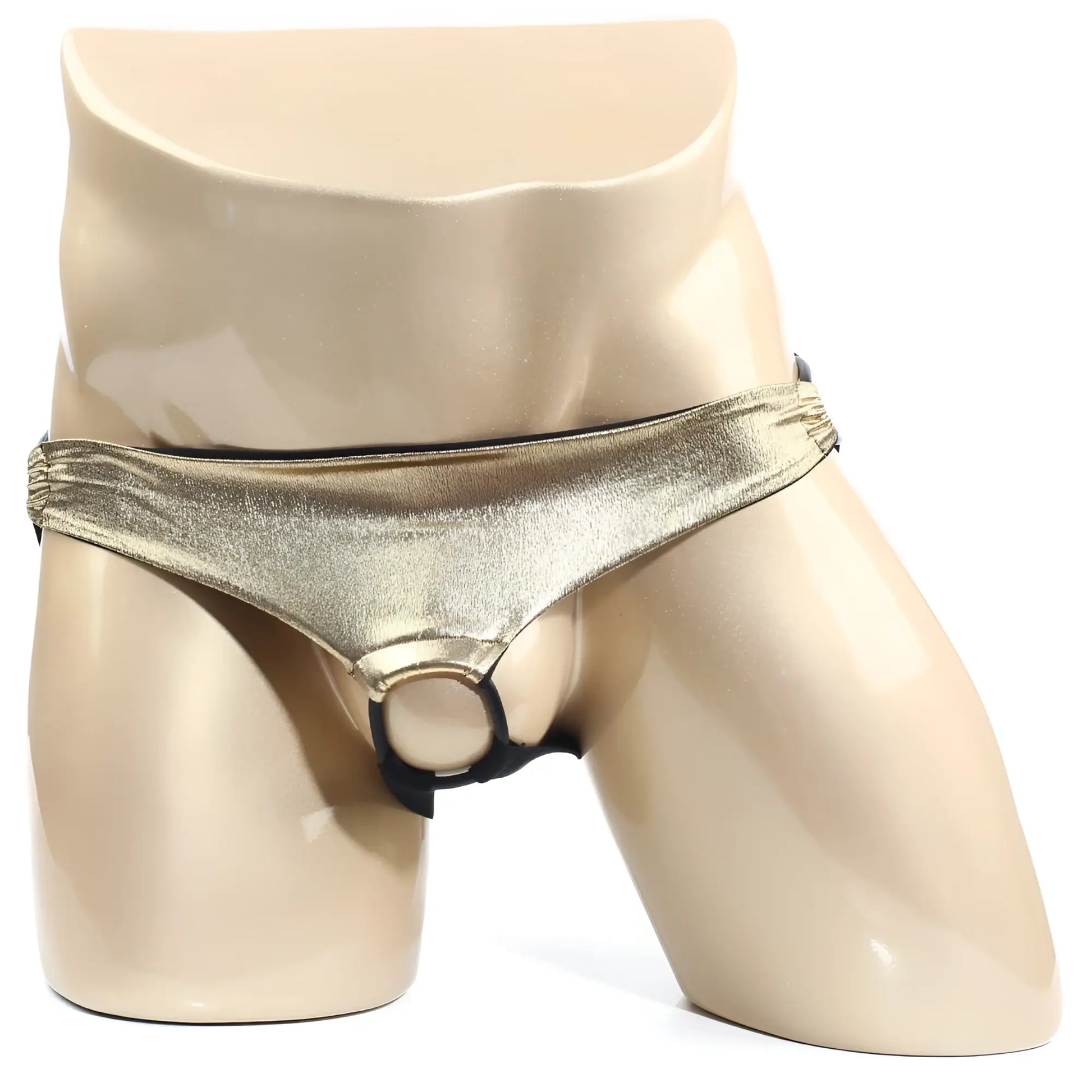 Shiny gold metallic briefs by MetroMaleWear with black ring and trim in Asunto Jock Strap Gold 1007-21 design
