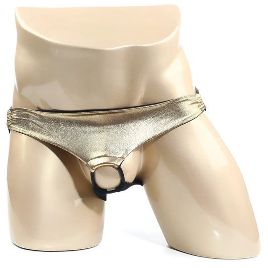 Shiny gold metallic briefs by MetroMaleWear with black ring and trim in Asunto Jock Strap Gold 1007-21 design